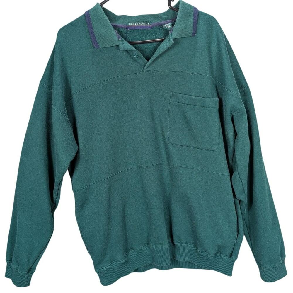 Vtg Claybrooke Sweatshirt Mens Large Green Collared Polo Pullover Grandpa Dad